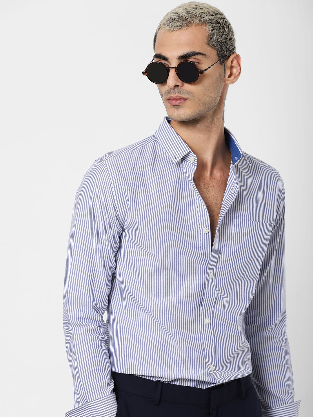 Blue Striped Full Sleeves Shirt - S