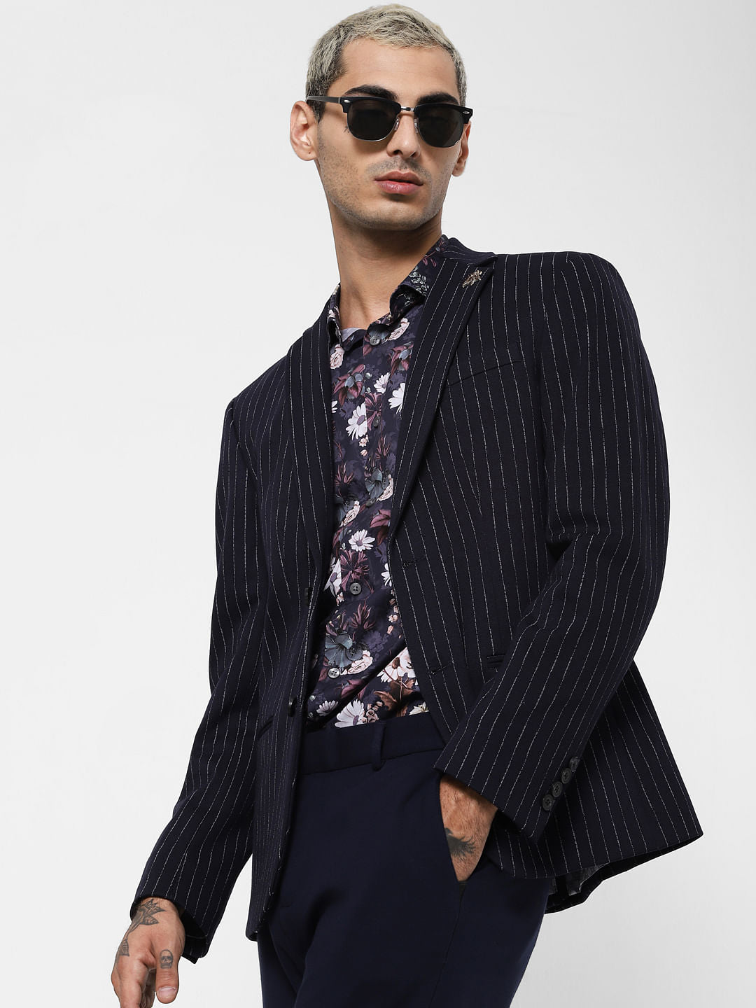 Navy Blue Striped Jacquard Blazer - 46
