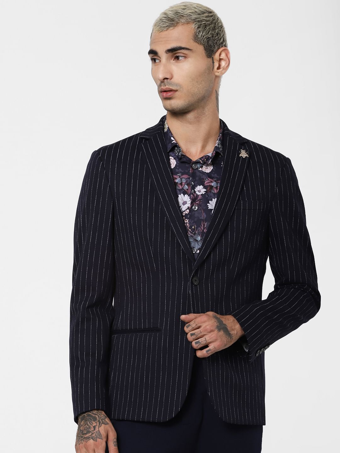 Navy Blue Striped Jacquard Blazer