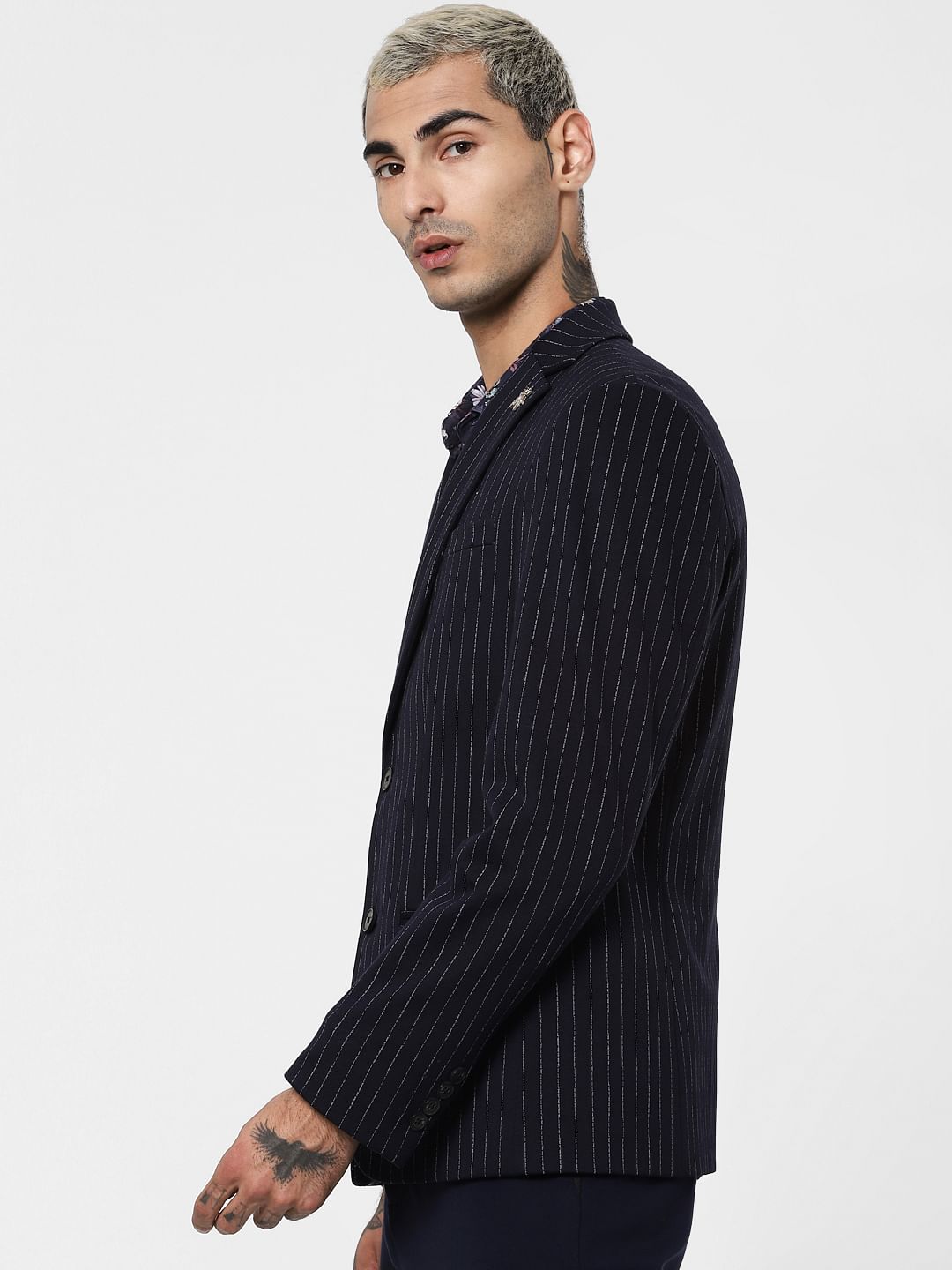 Navy Blue Striped Jacquard Blazer