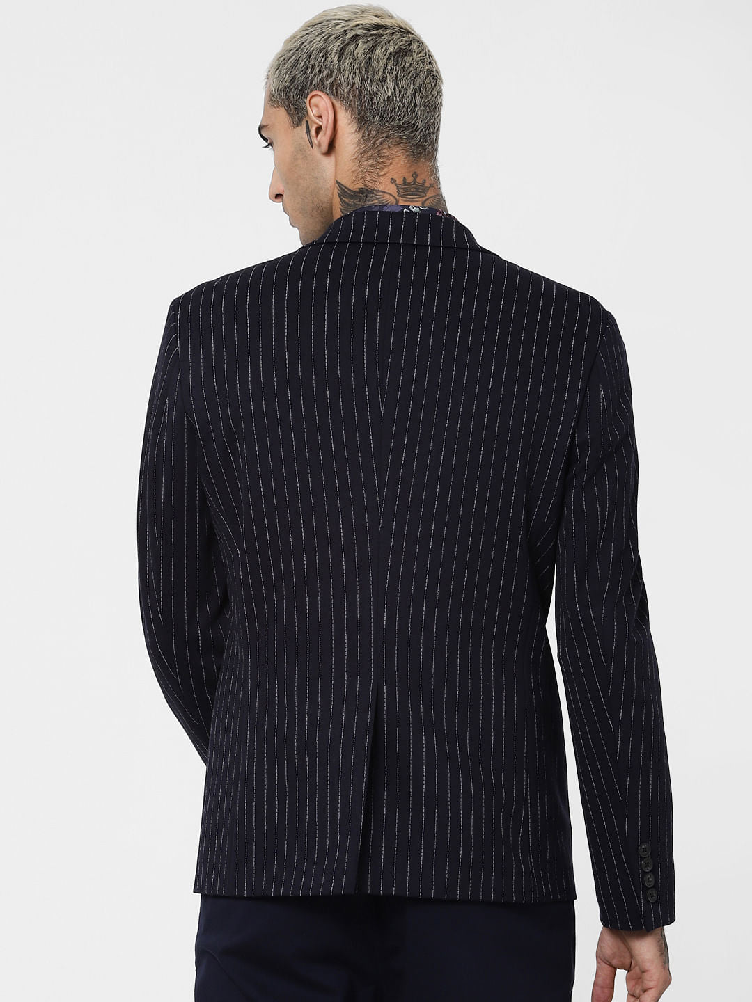 Navy Blue Striped Jacquard Blazer