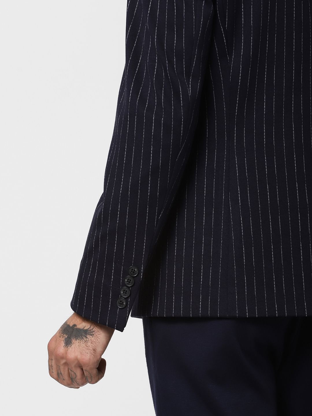 Navy Blue Striped Jacquard Blazer