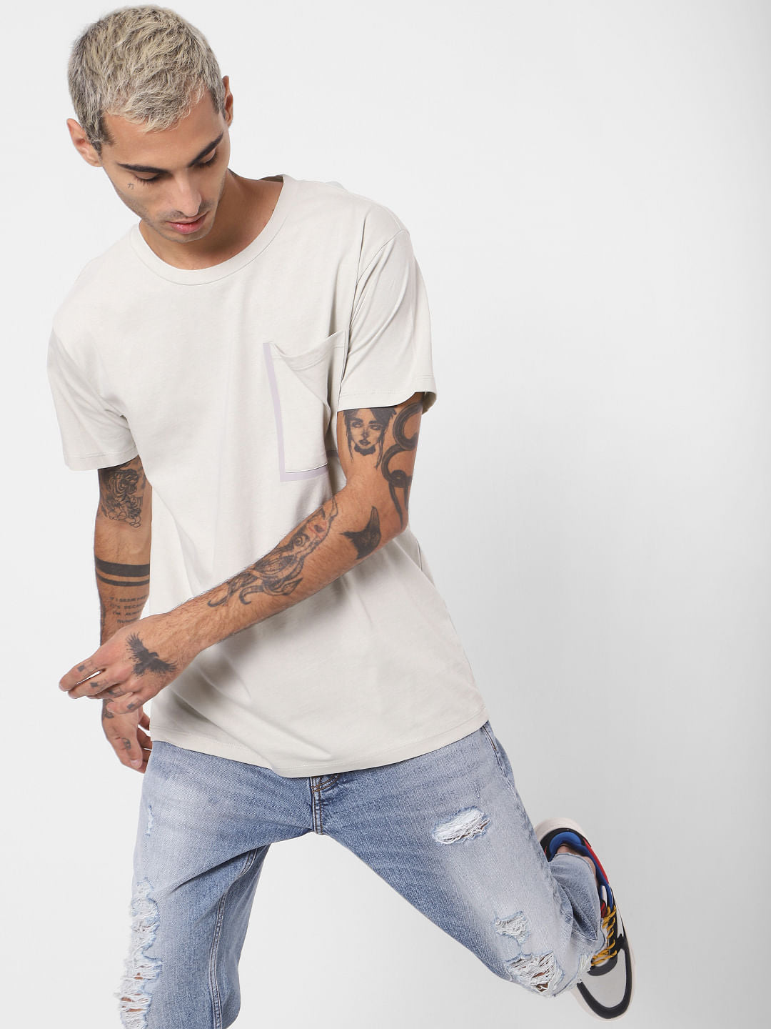Grey Patch Pocket Crew Neck T-shirt - S