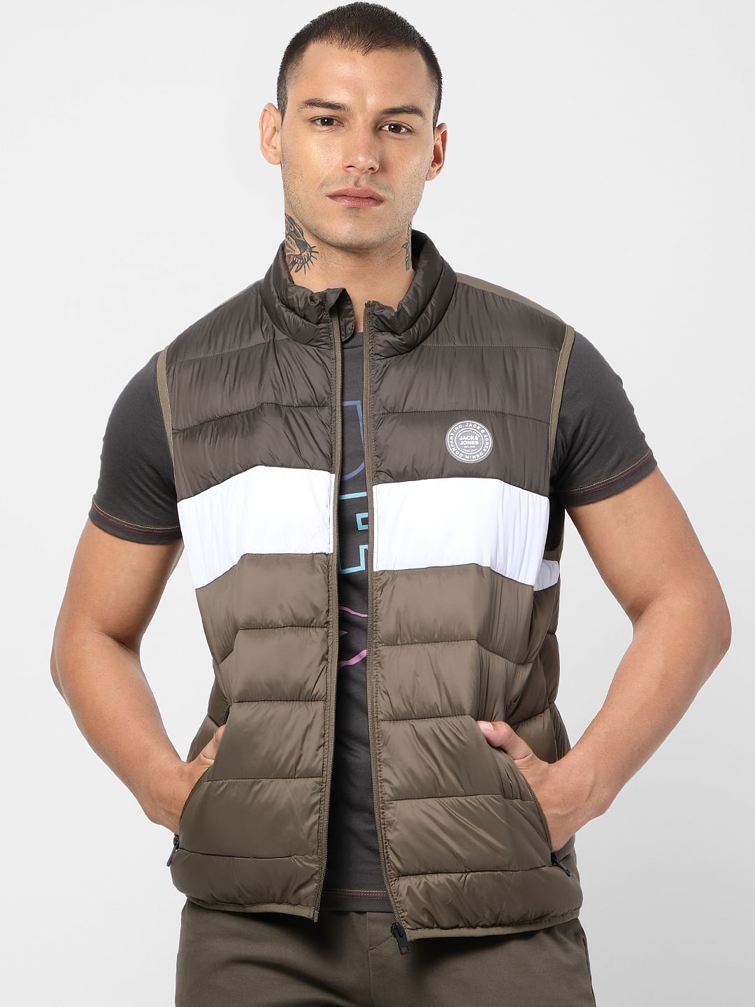 Green Colourblocked Zip-Up Puffer Jacket