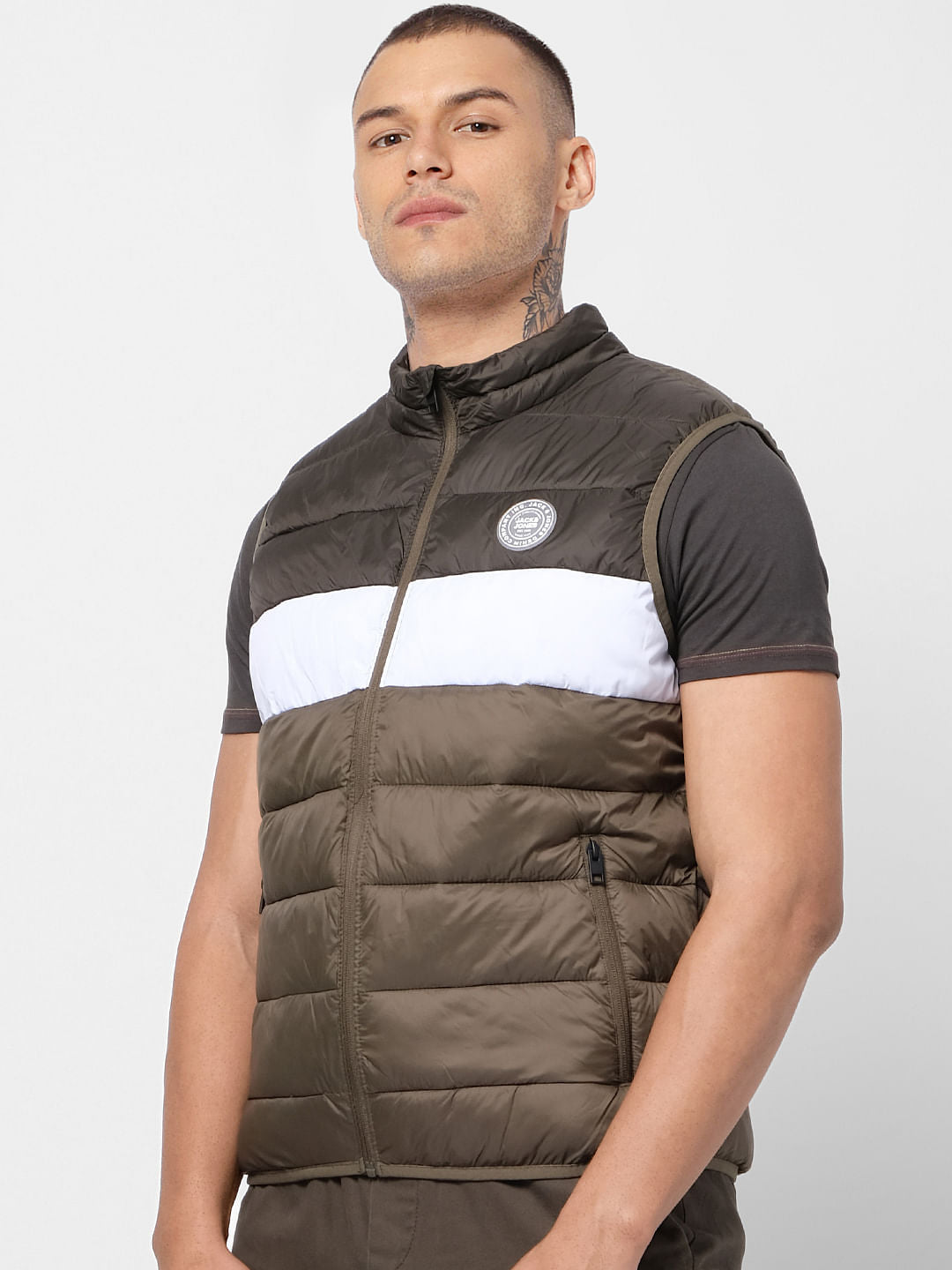 Green Colourblocked Zip-Up Puffer Jacket