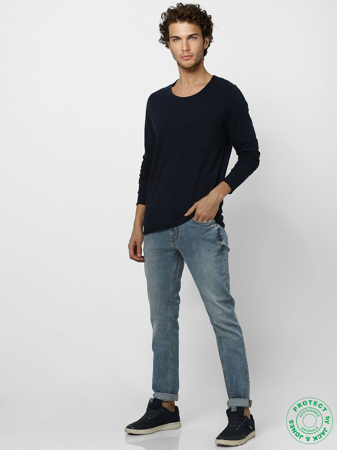 Navy Blue Crew Neck Full Sleeves T-shirt - S