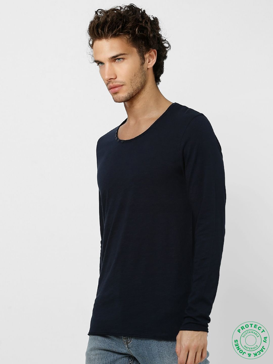Navy Blue Crew Neck Full Sleeves T-shirt