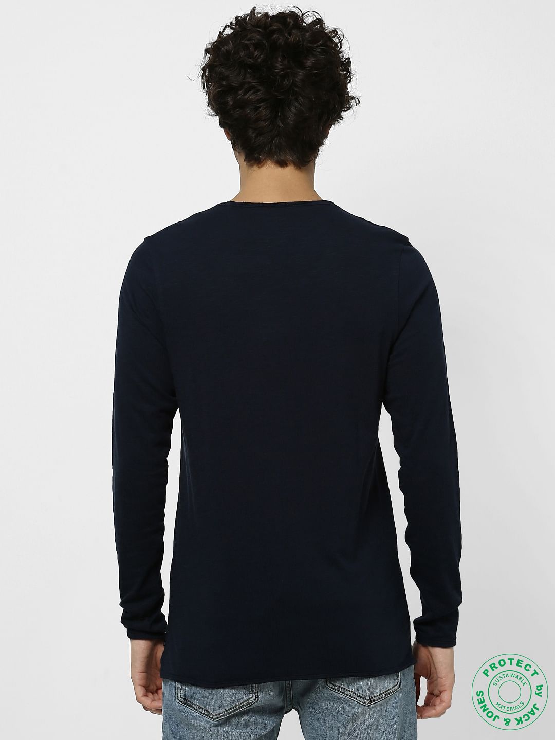 Navy Blue Crew Neck Full Sleeves T-shirt