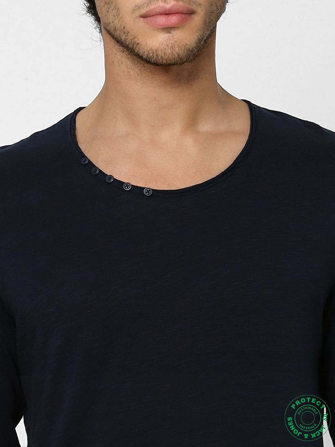 Navy Blue Crew Neck Full Sleeves T-shirt