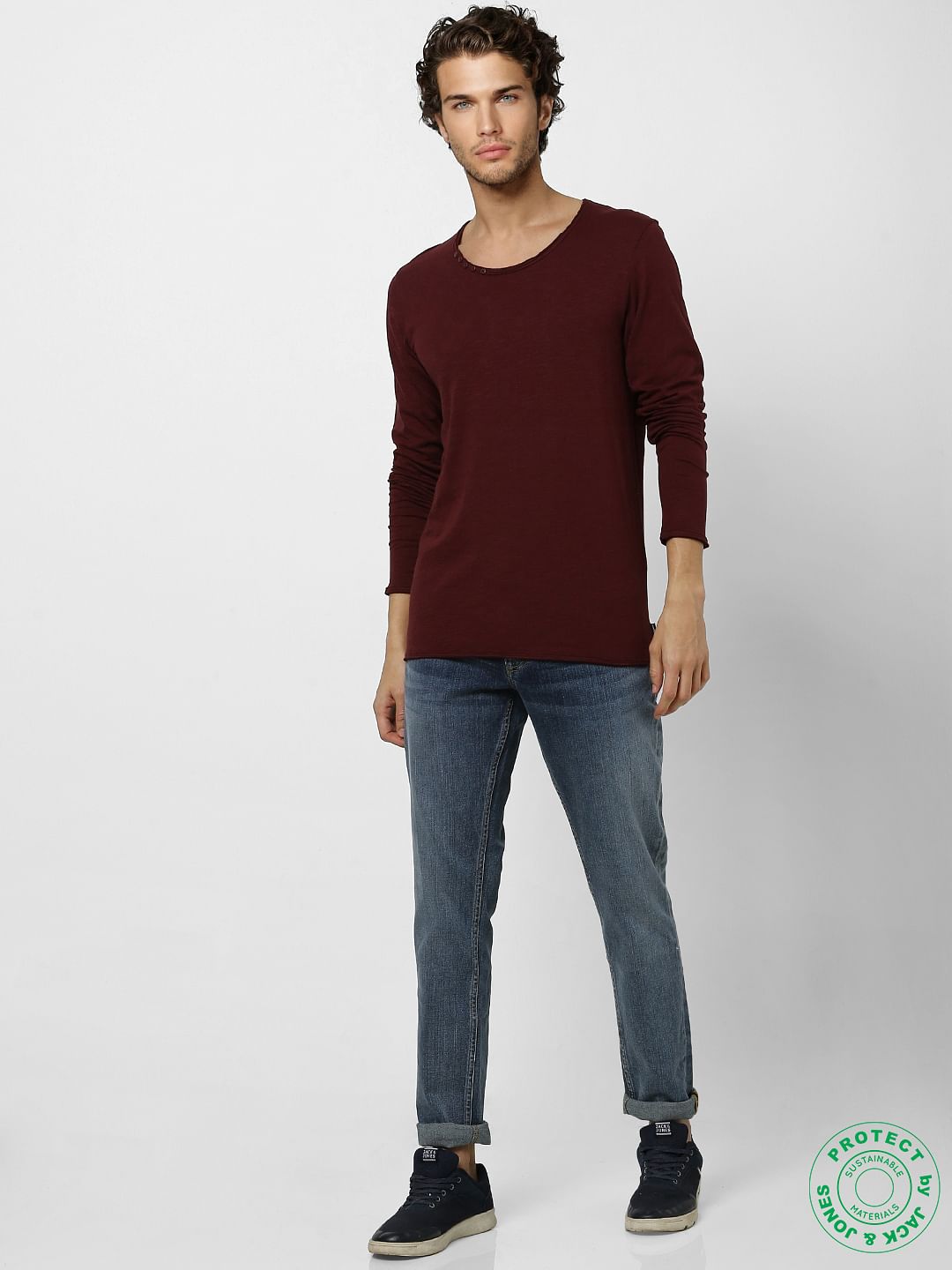Burgundy Crew Neck Full Sleeves T-shirt - S
