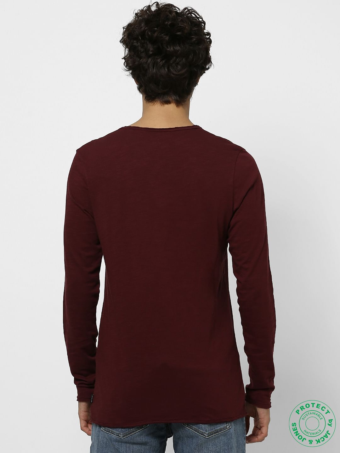Burgundy Crew Neck Full Sleeves T-shirt