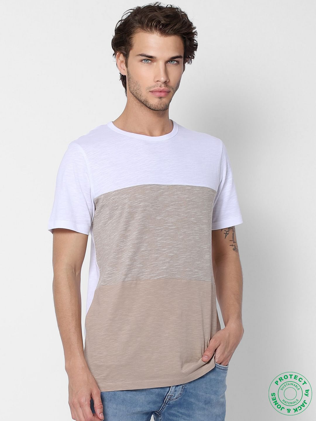 Beige Colourblocked Crew Neck T-shirt