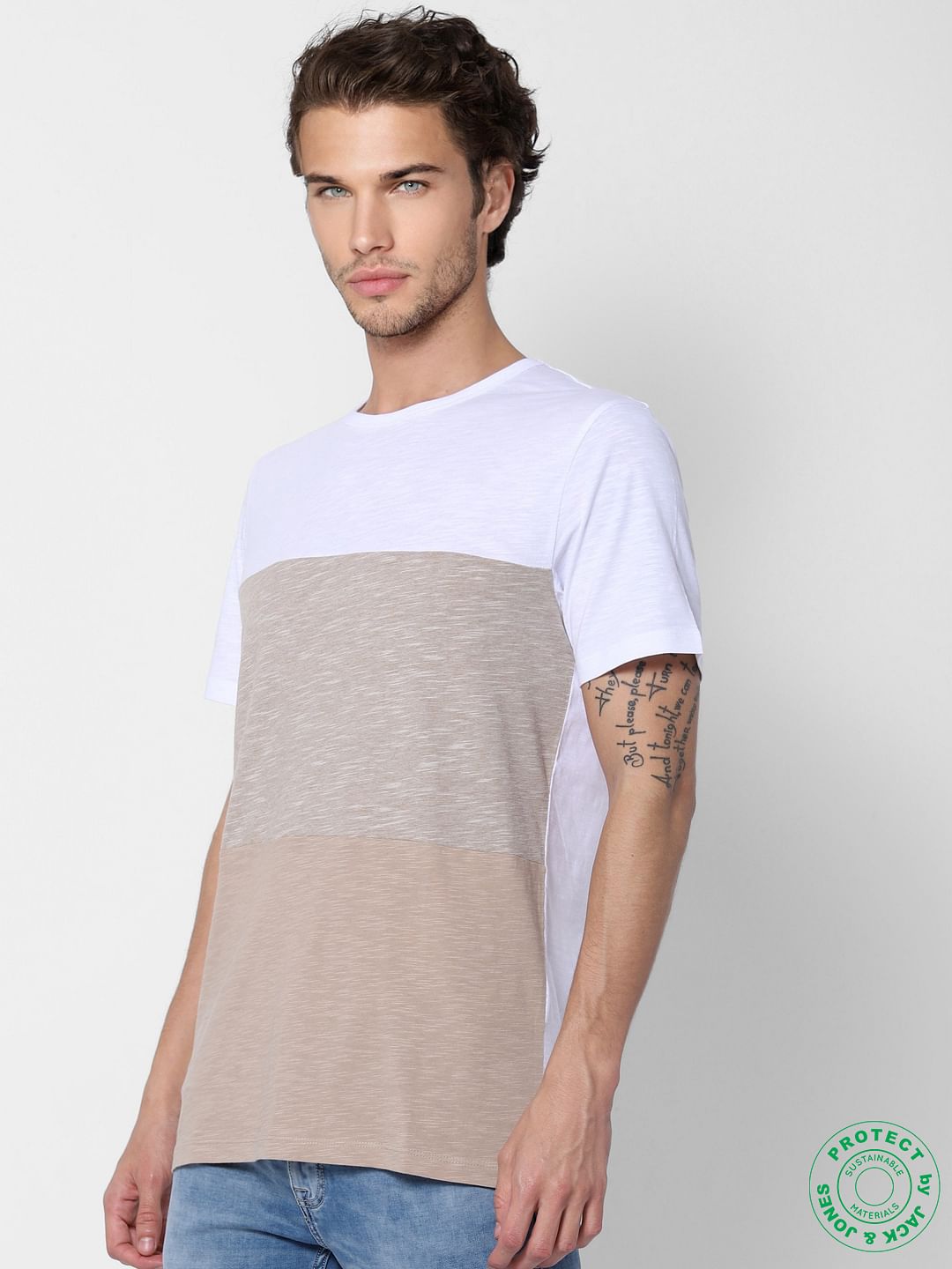 Beige Colourblocked Crew Neck T-shirt