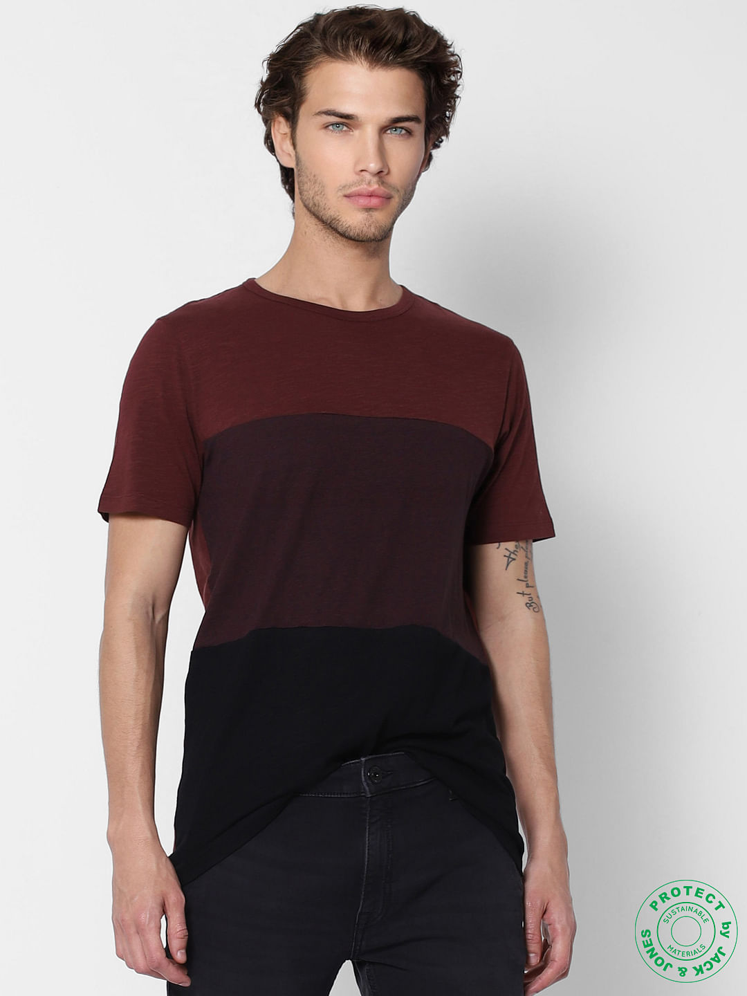 Red Colourblocked Crew Neck T-shirt
