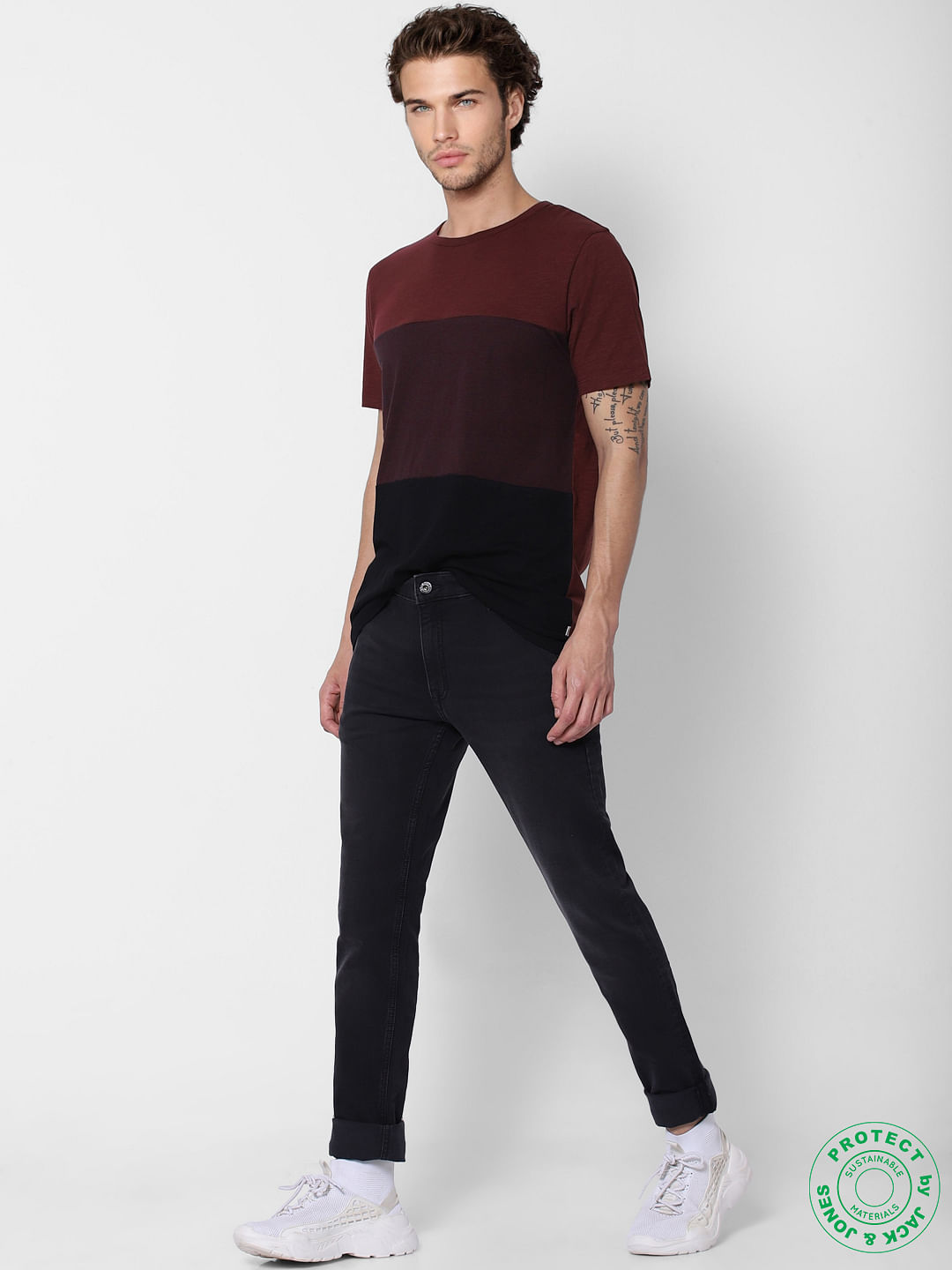 Red Colourblocked Crew Neck T-shirt