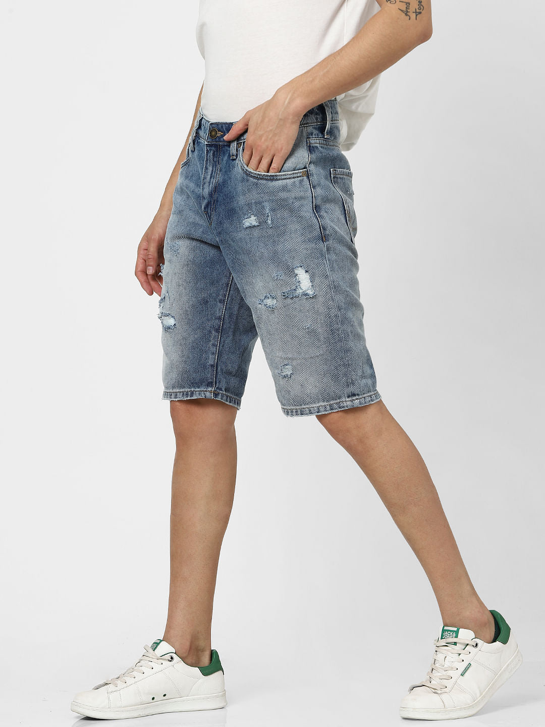 Blue Mid Rise Distressed Denim Shorts