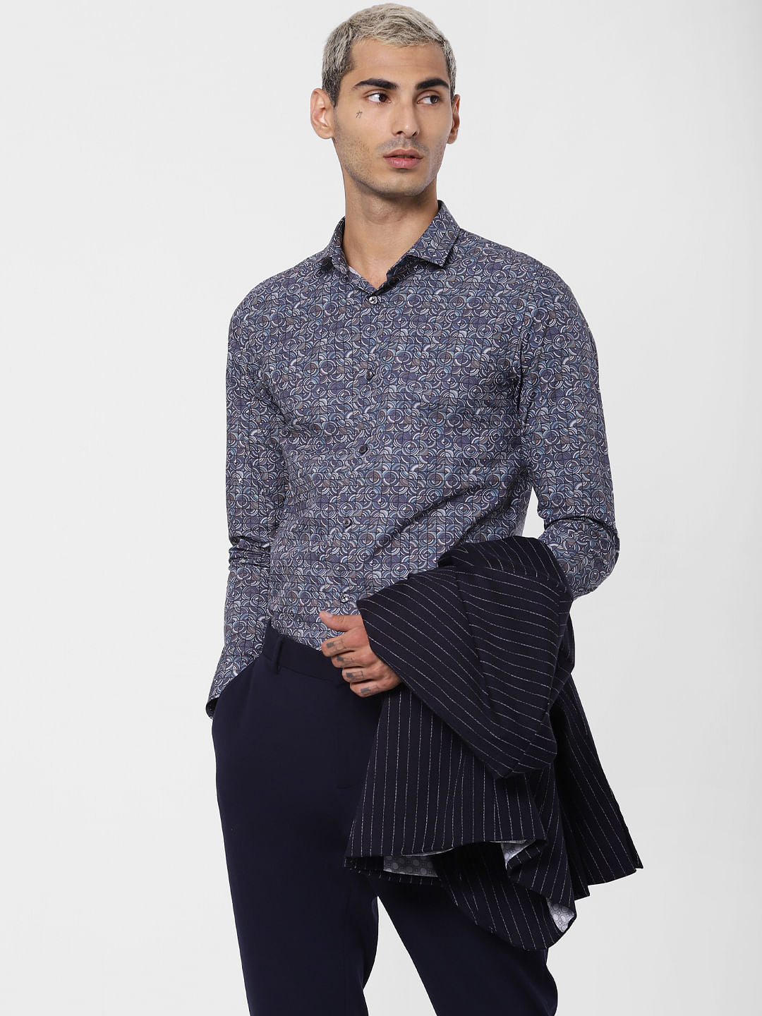Blue All Over Print Full Sleeves Shirt - S