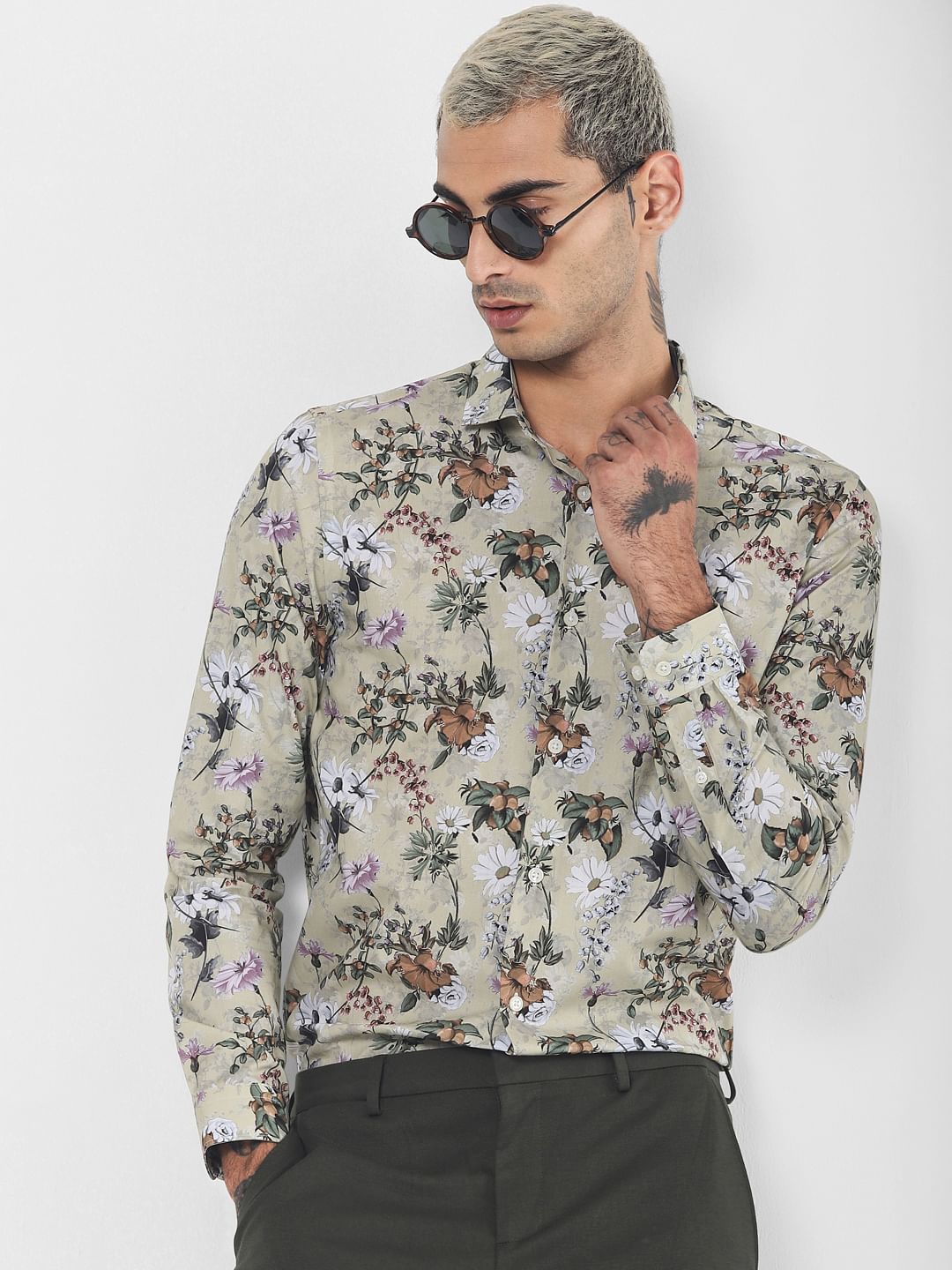 Green Floral Print Full Sleeves Shirt - S
