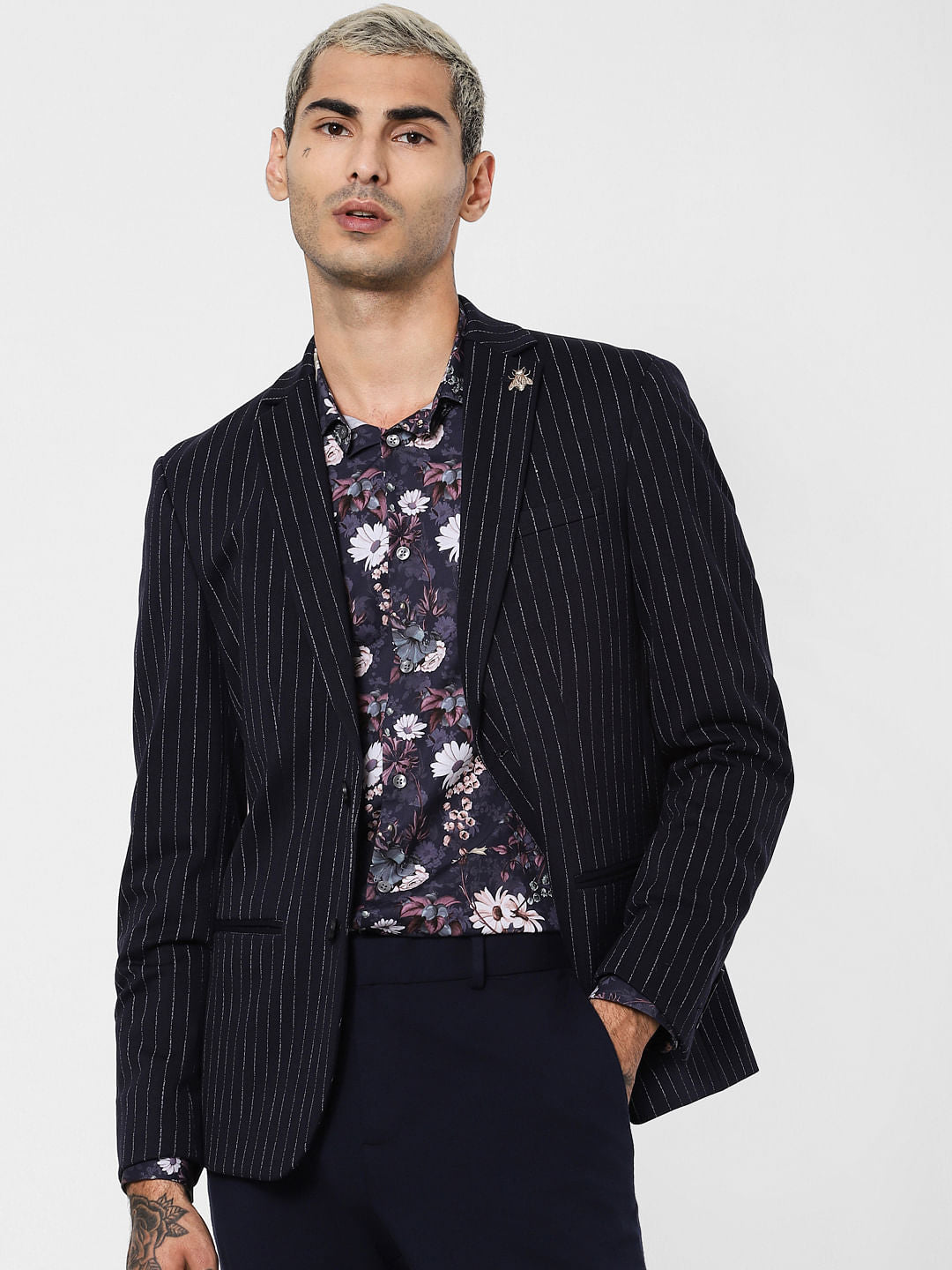 Navy Blue Floral Print Full Sleeves Shirt - S