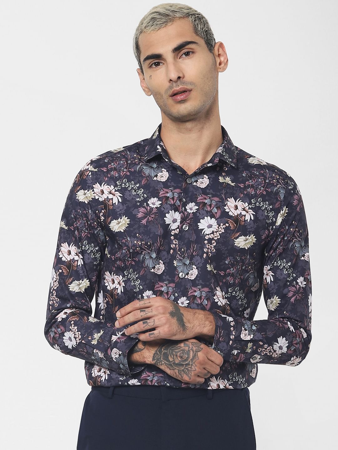 Navy Blue Floral Print Full Sleeves Shirt