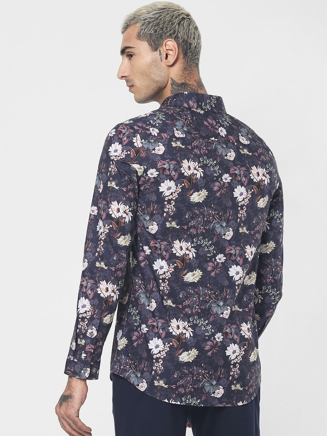 Navy Blue Floral Print Full Sleeves Shirt