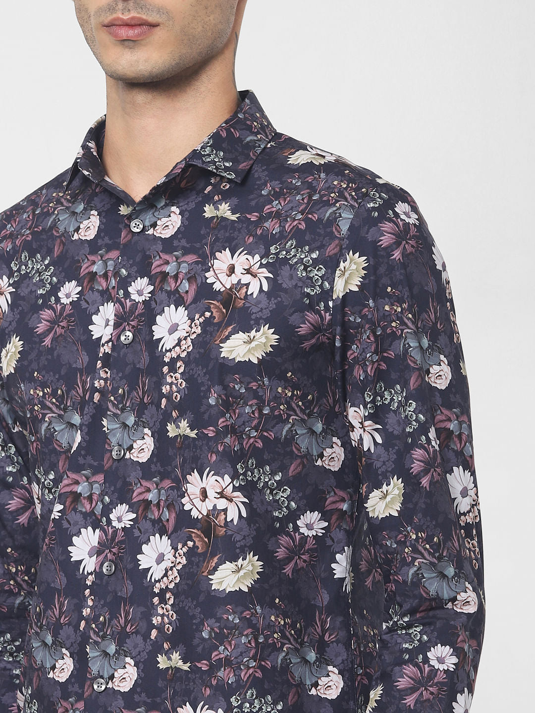 Navy Blue Floral Print Full Sleeves Shirt