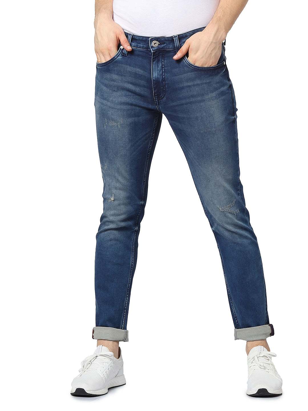Blue Mid Rise Glenn Distressed Slim Fit Jeans