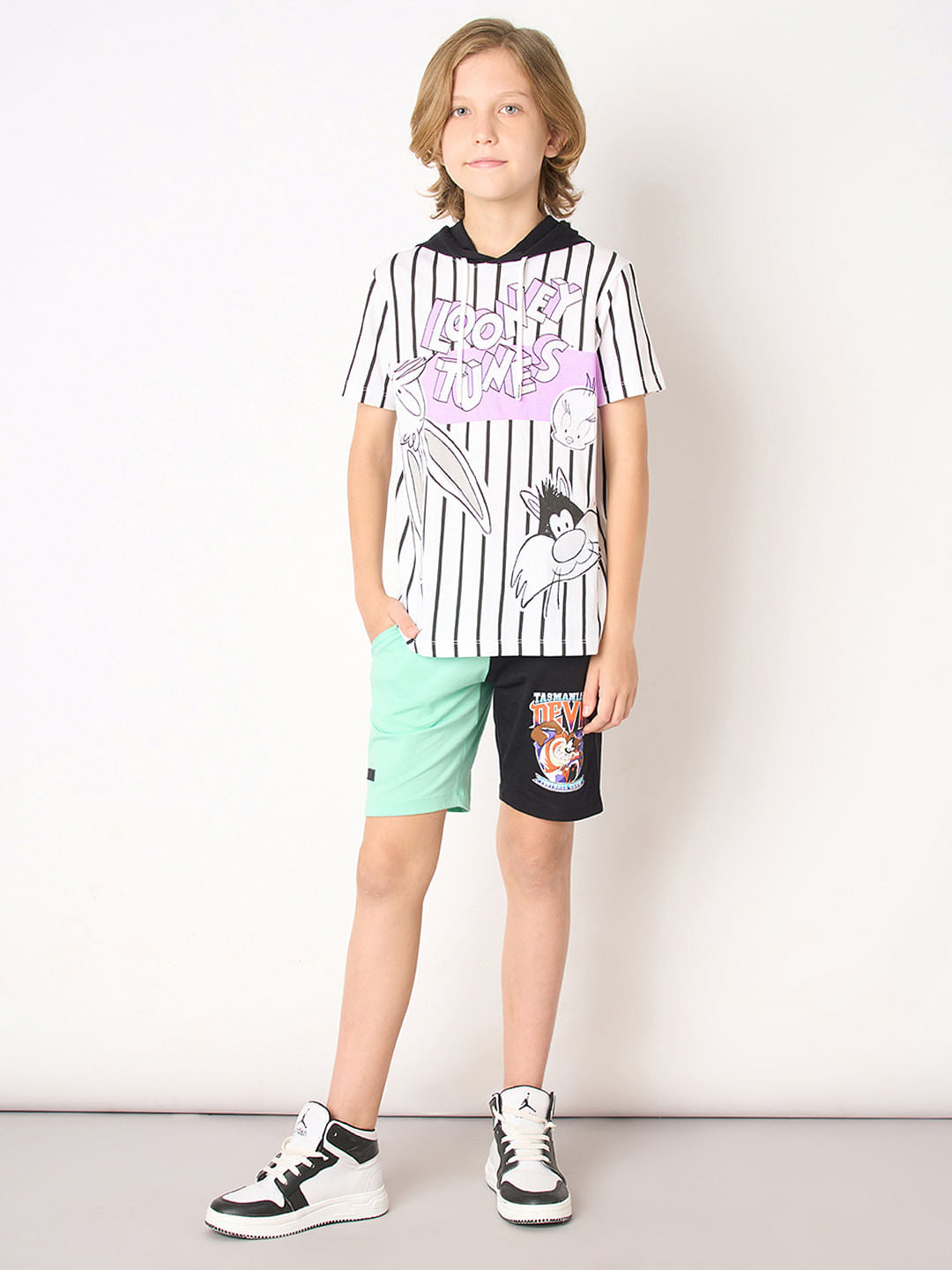 Looney Tunes White Striped Printed Hooded T-shirt