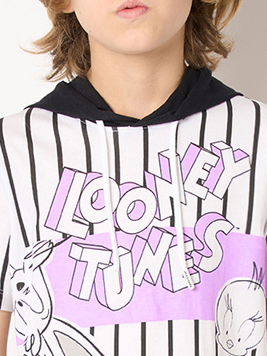 Looney Tunes White Striped Printed Hooded T-shirt
