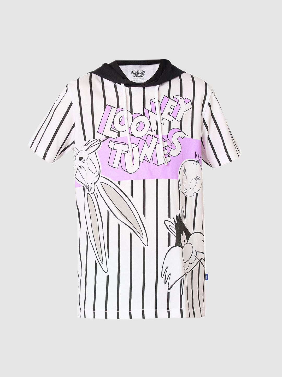 Looney Tunes White Striped Printed Hooded T-shirt