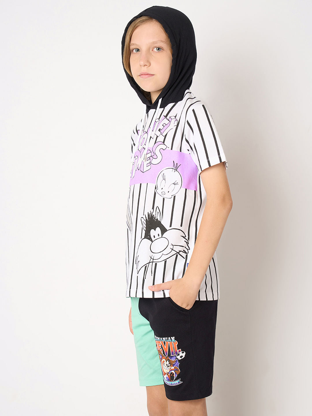 Looney Tunes White Striped Printed Hooded T-shirt