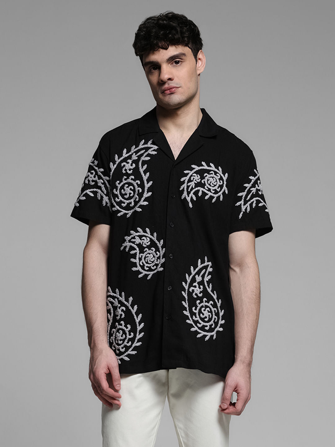 Black Embroidered Short Sleeves Shirt