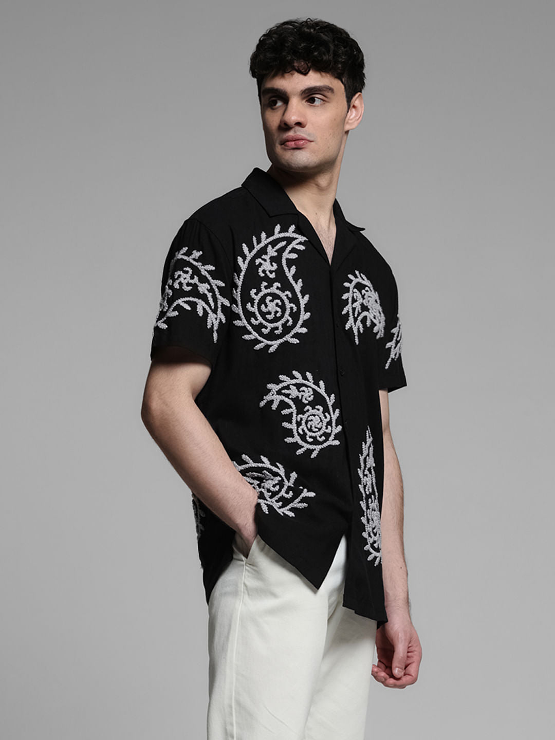 Black Embroidered Short Sleeves Shirt
