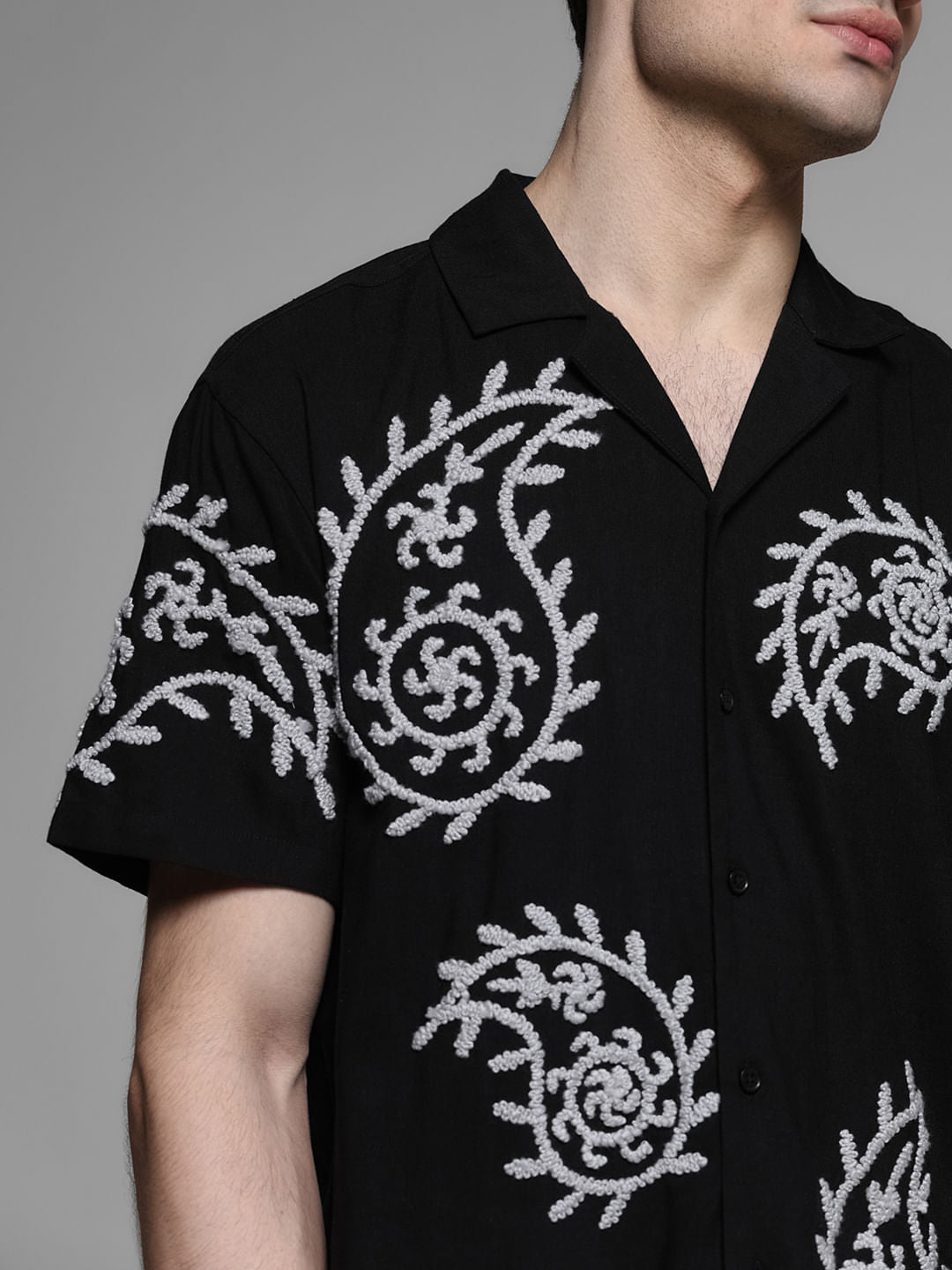 Black Embroidered Short Sleeves Shirt
