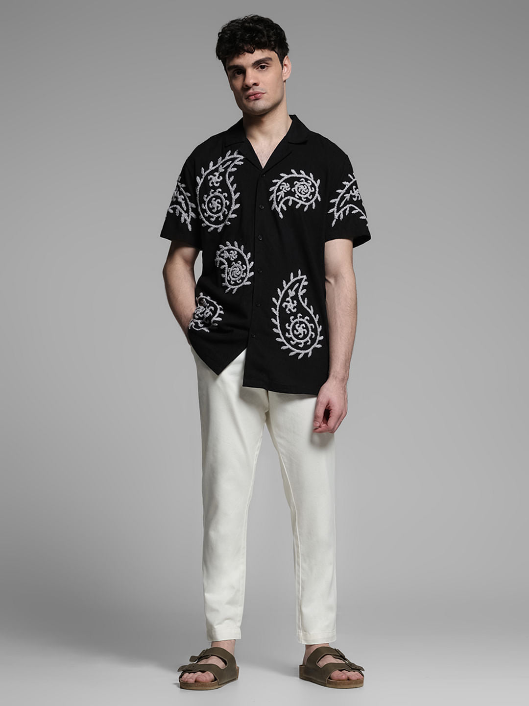 Black Embroidered Short Sleeves Shirt