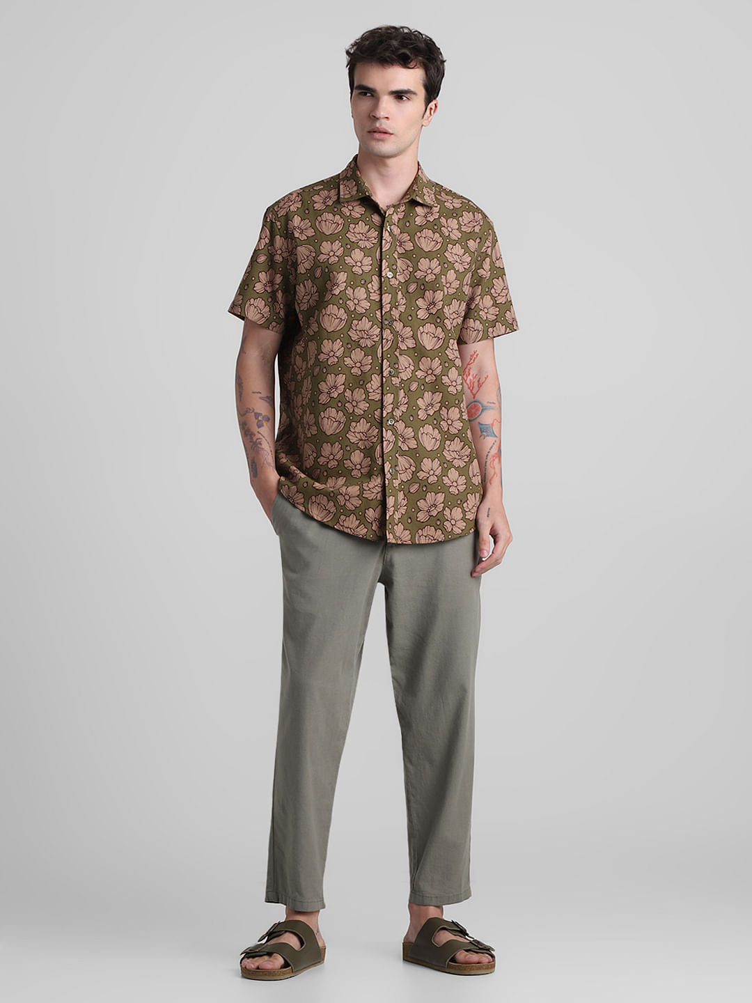 Green Floral Short Sleeves Shirt