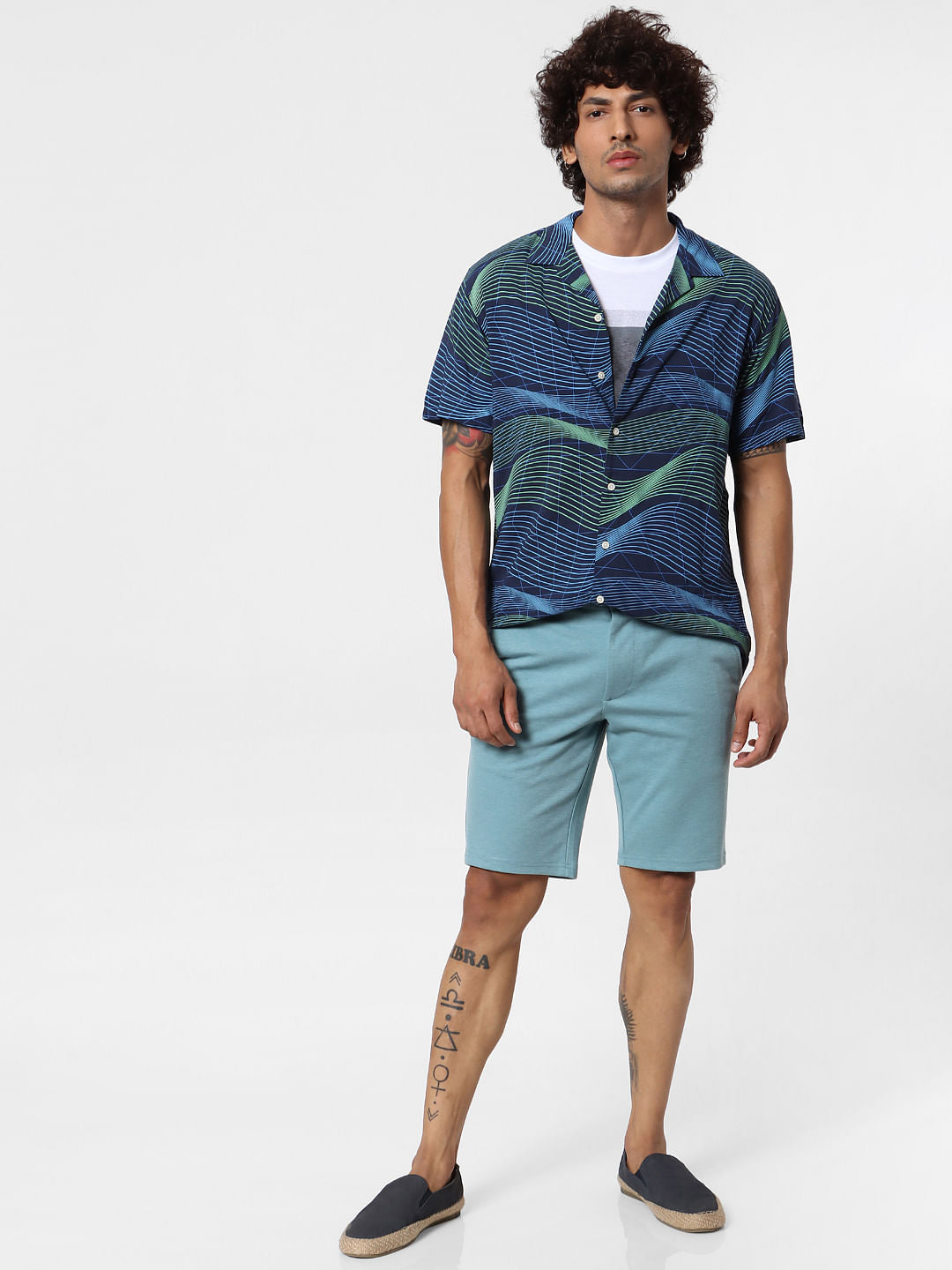 Blue Short Sleeves Abstract Print Shirt - S