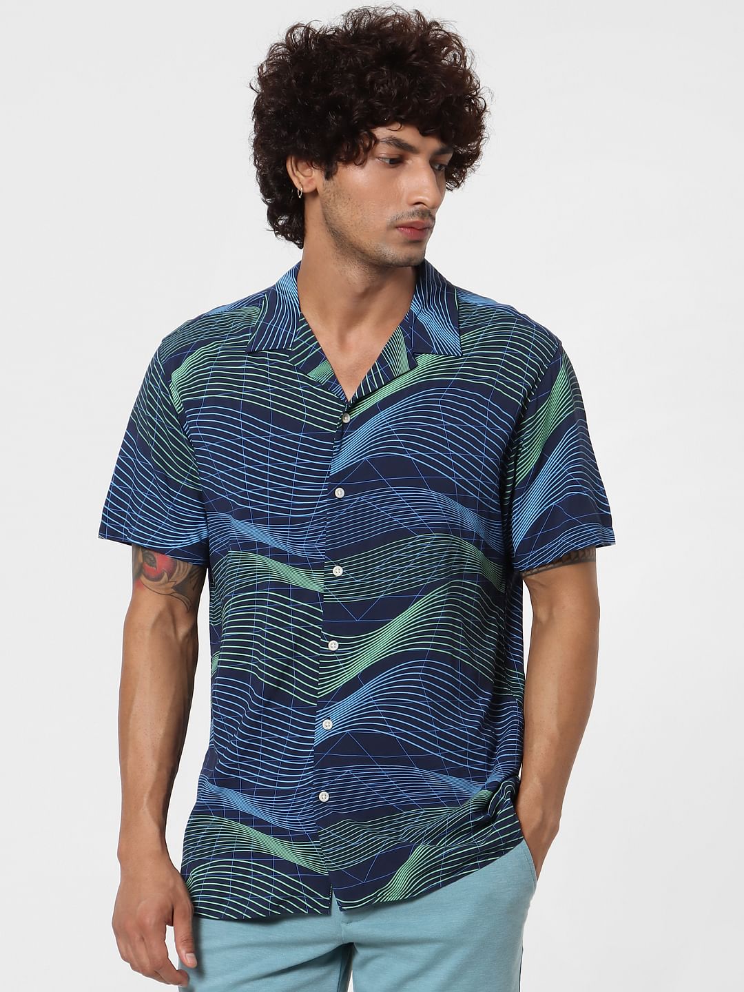 Blue Short Sleeves Abstract Print Shirt