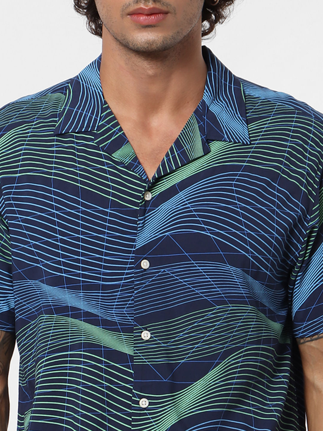 Blue Short Sleeves Abstract Print Shirt