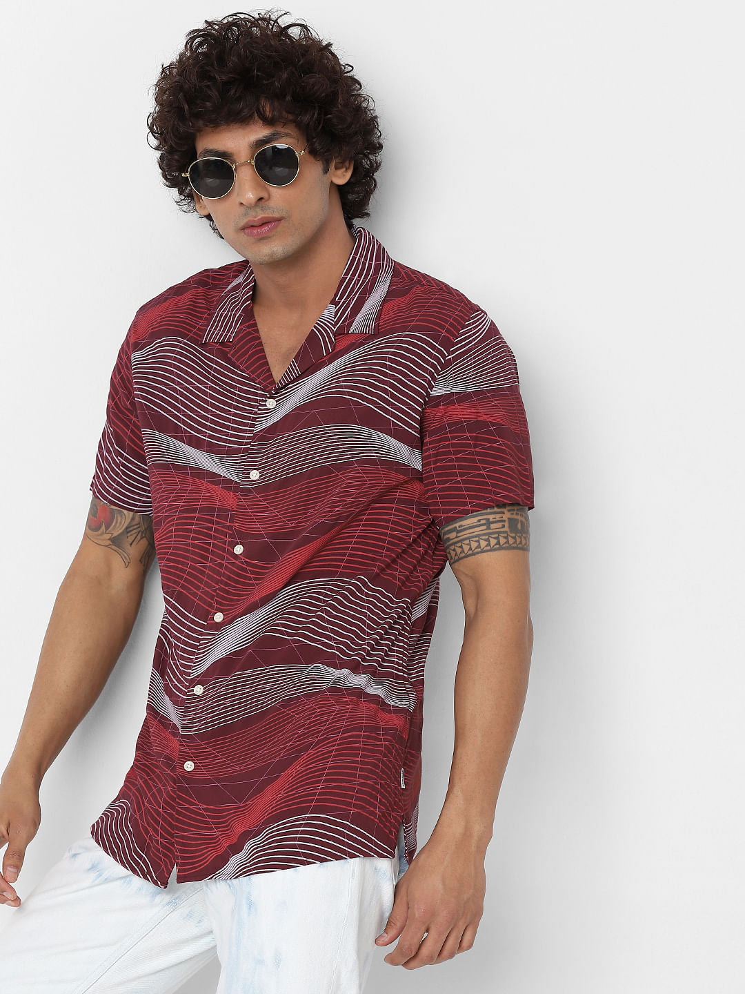 Red Short Sleeves Abstract Print Shirt