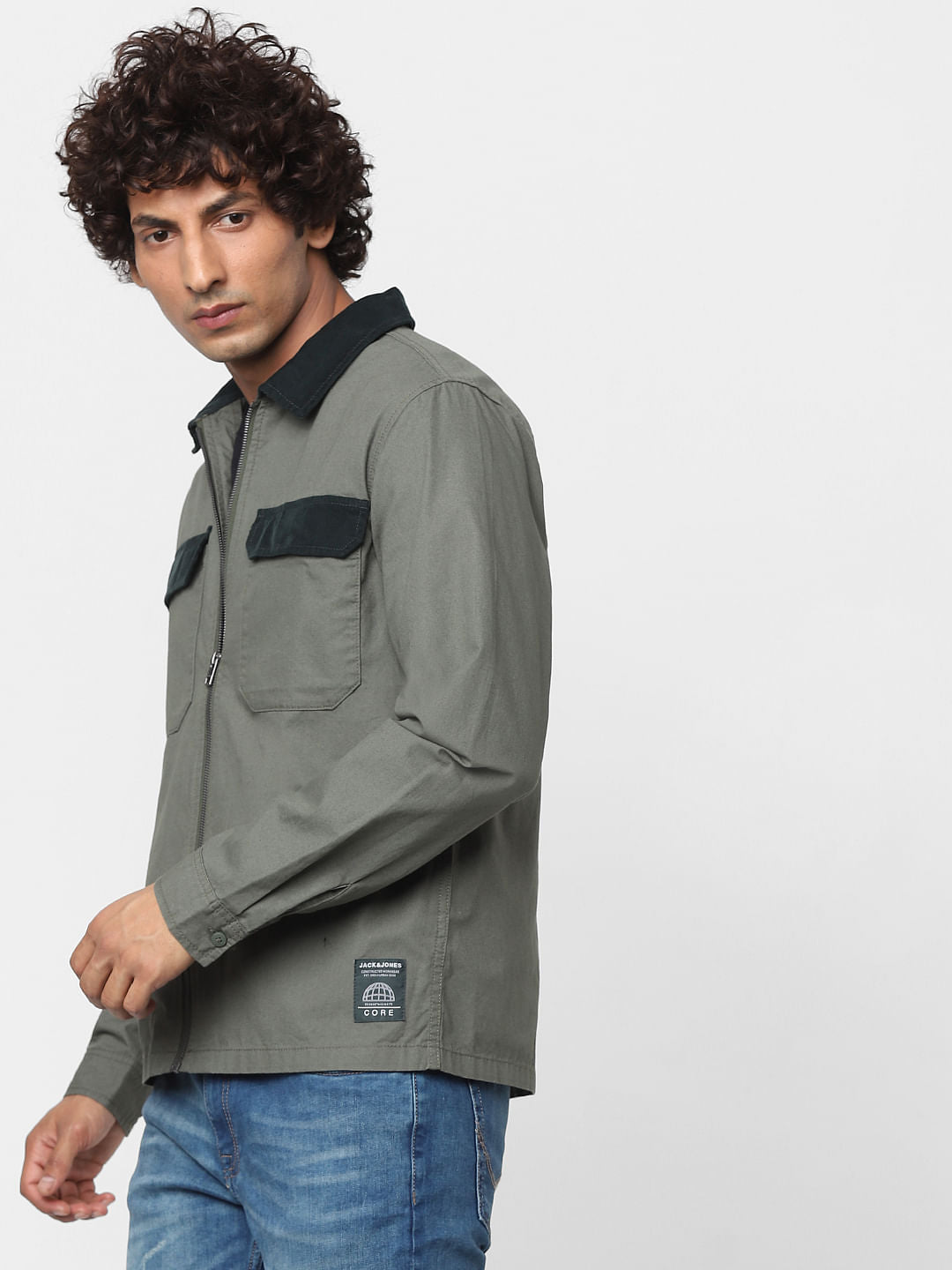 Green Full Sleeves Zip Up Overshirt