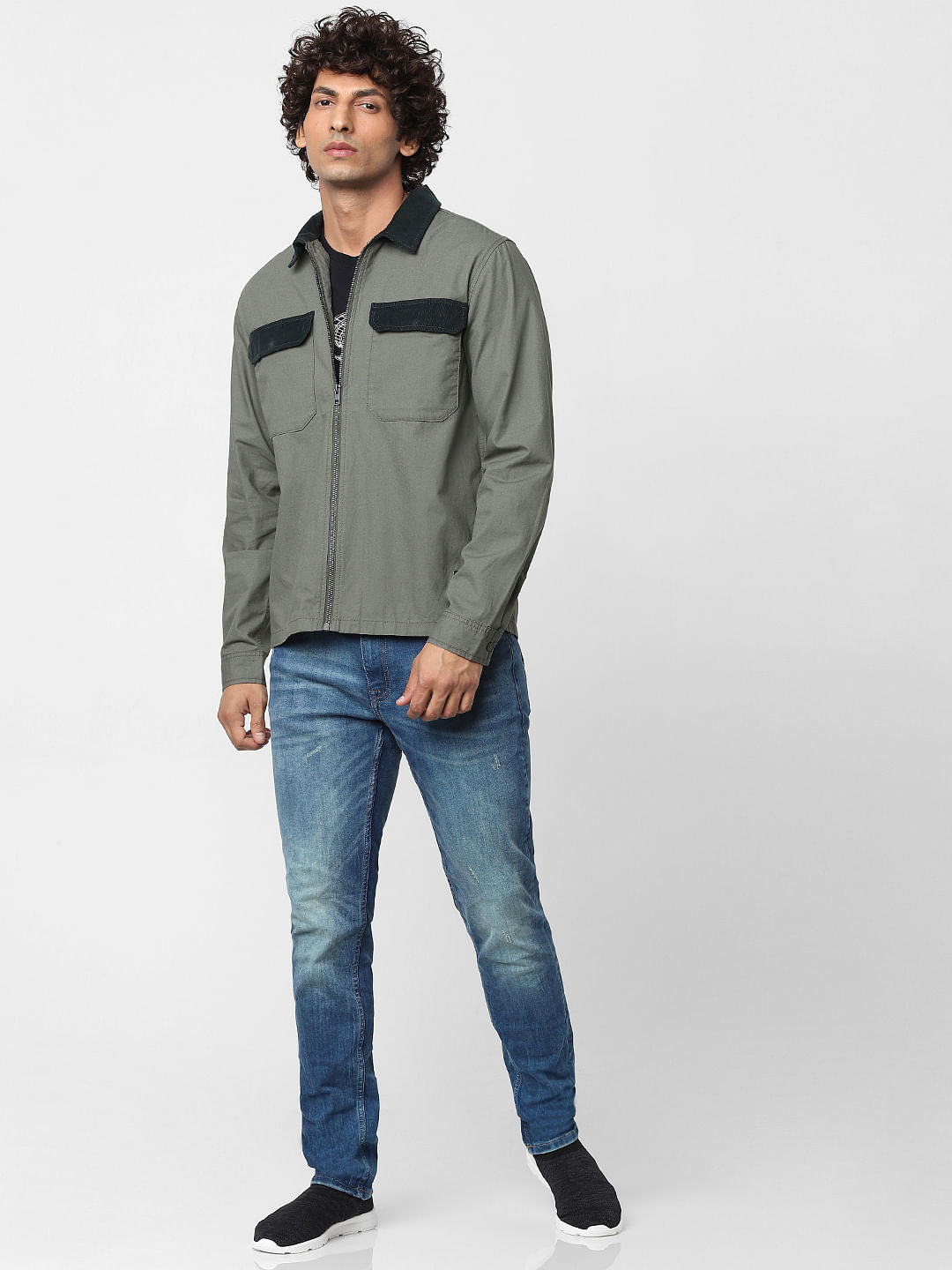 Green Full Sleeves Zip Up Overshirt