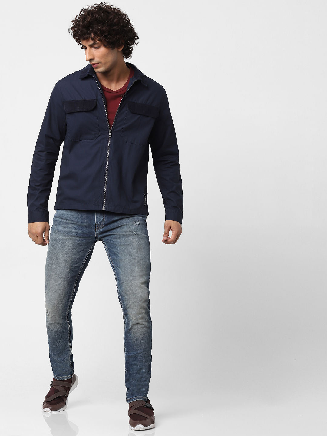 Blue Full Sleeves Zip Up Overshirt - S