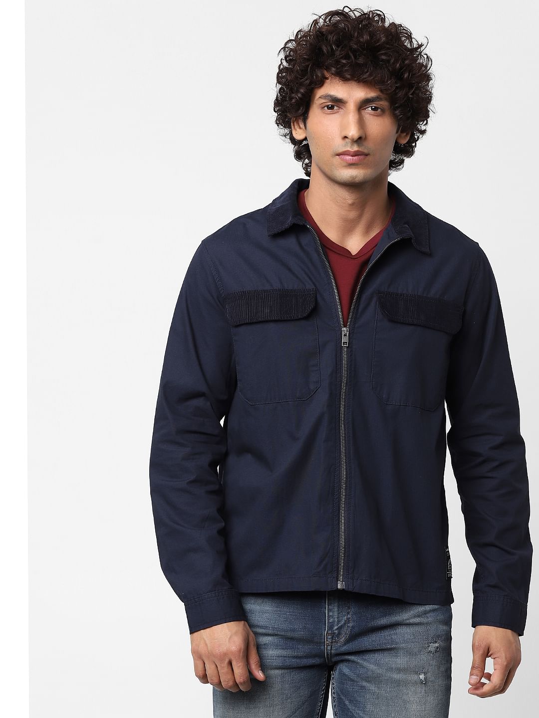 Blue Full Sleeves Zip Up Overshirt