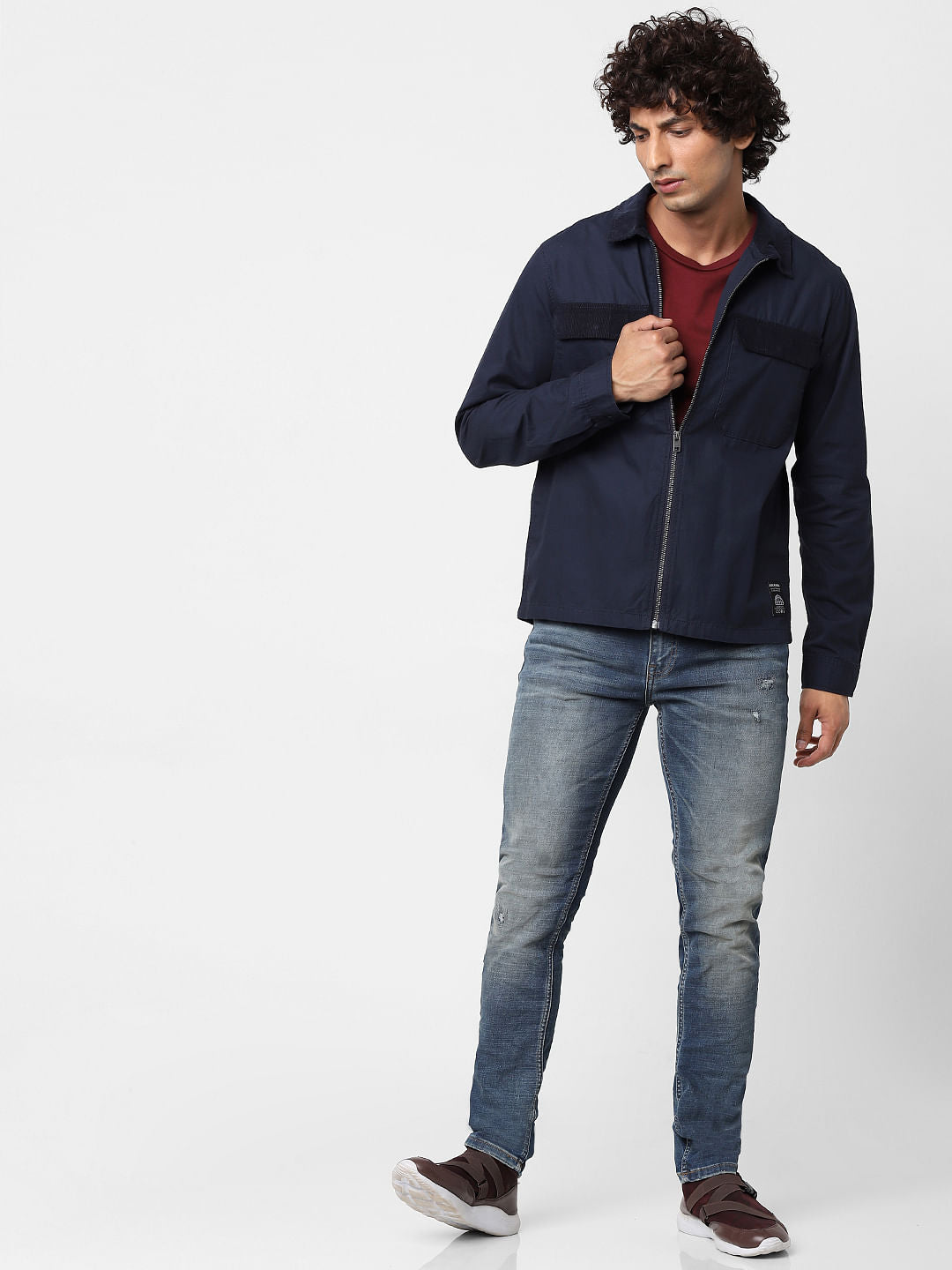 Blue Full Sleeves Zip Up Overshirt
