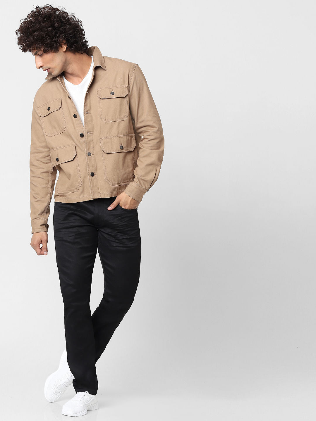 Beige Full Sleeves Multi Pocket Overshirt - S