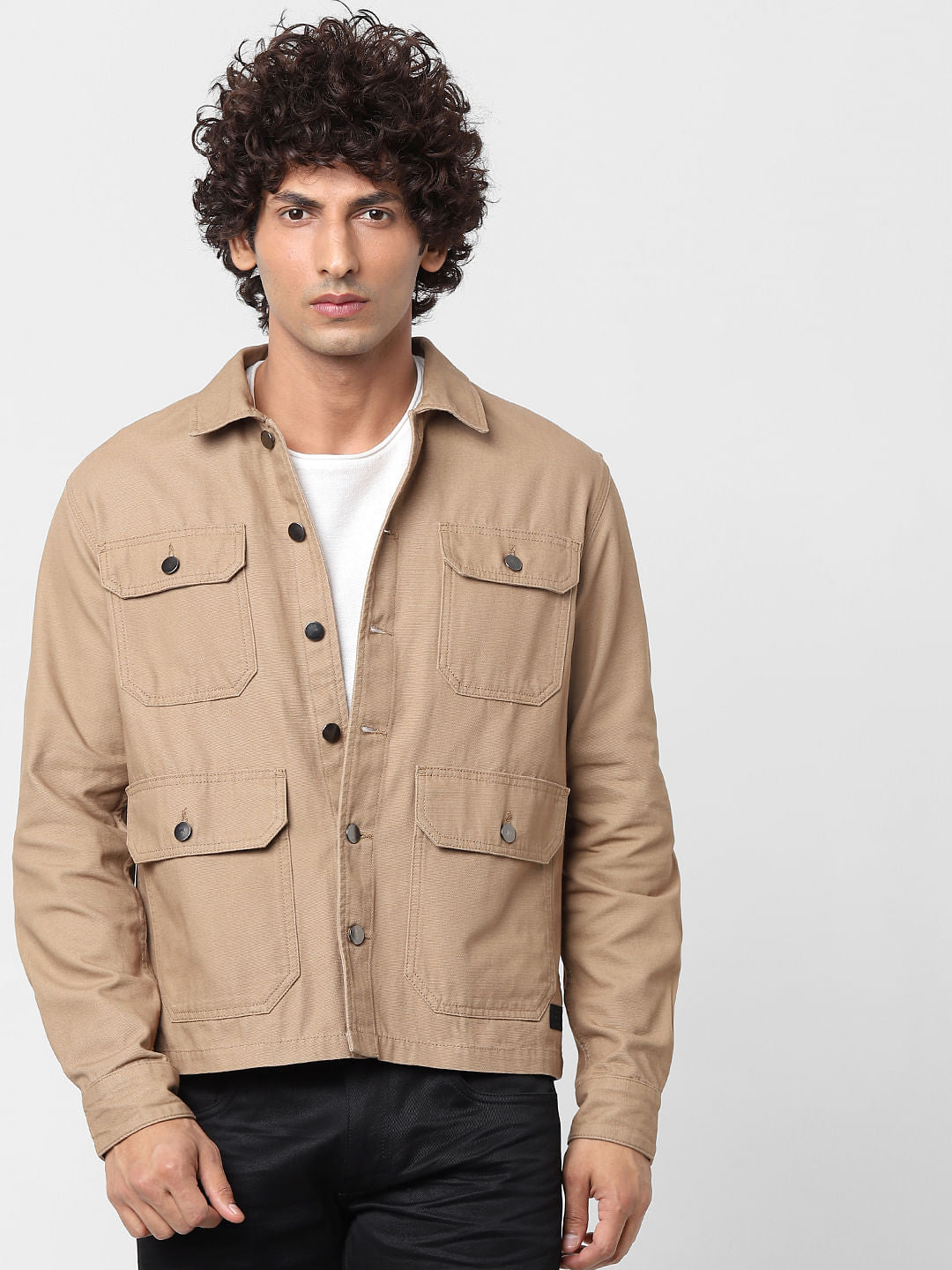 Beige Full Sleeves Multi Pocket Overshirt