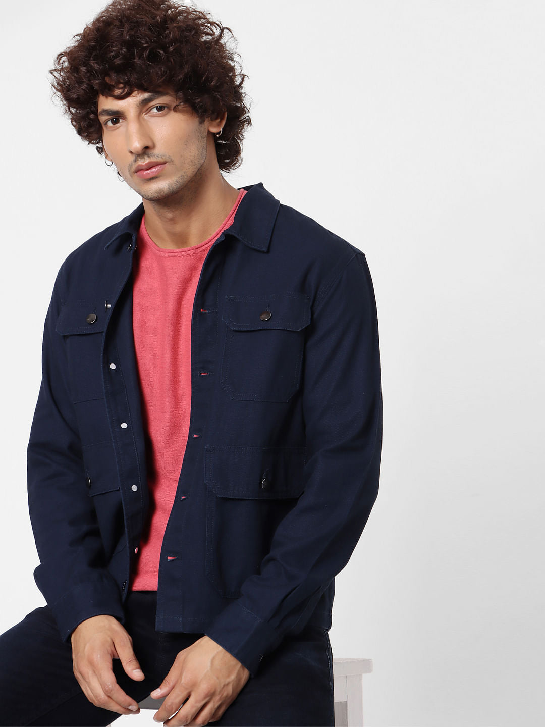 Dark Blue Full Sleeves Multi Pocket Overshirt - S