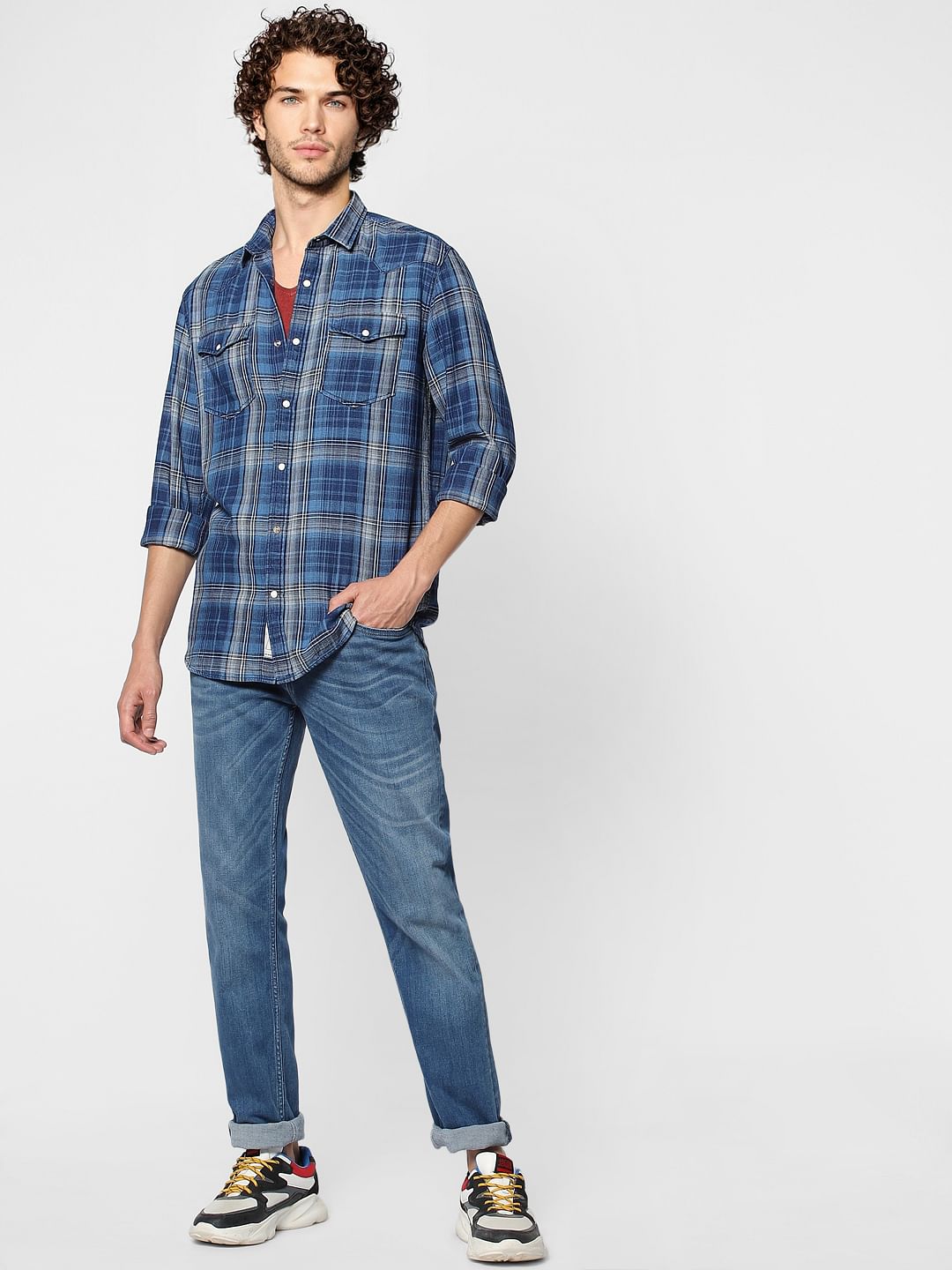 Blue Check Regular Fit Full Sleeves Shirt - S