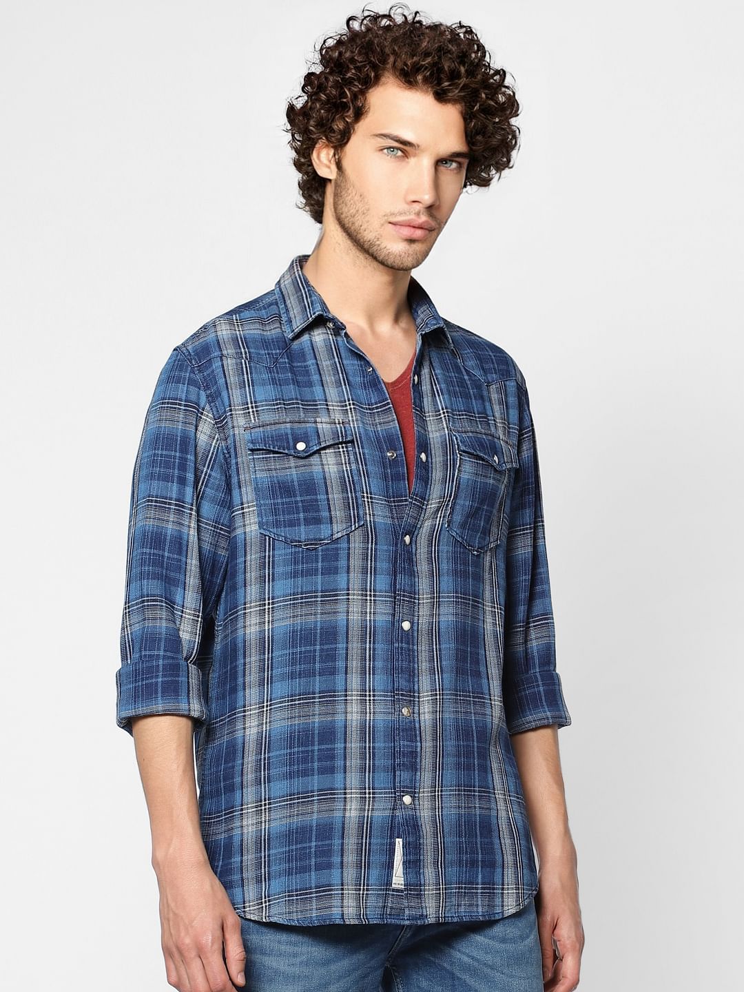 Blue Check Regular Fit Full Sleeves Shirt